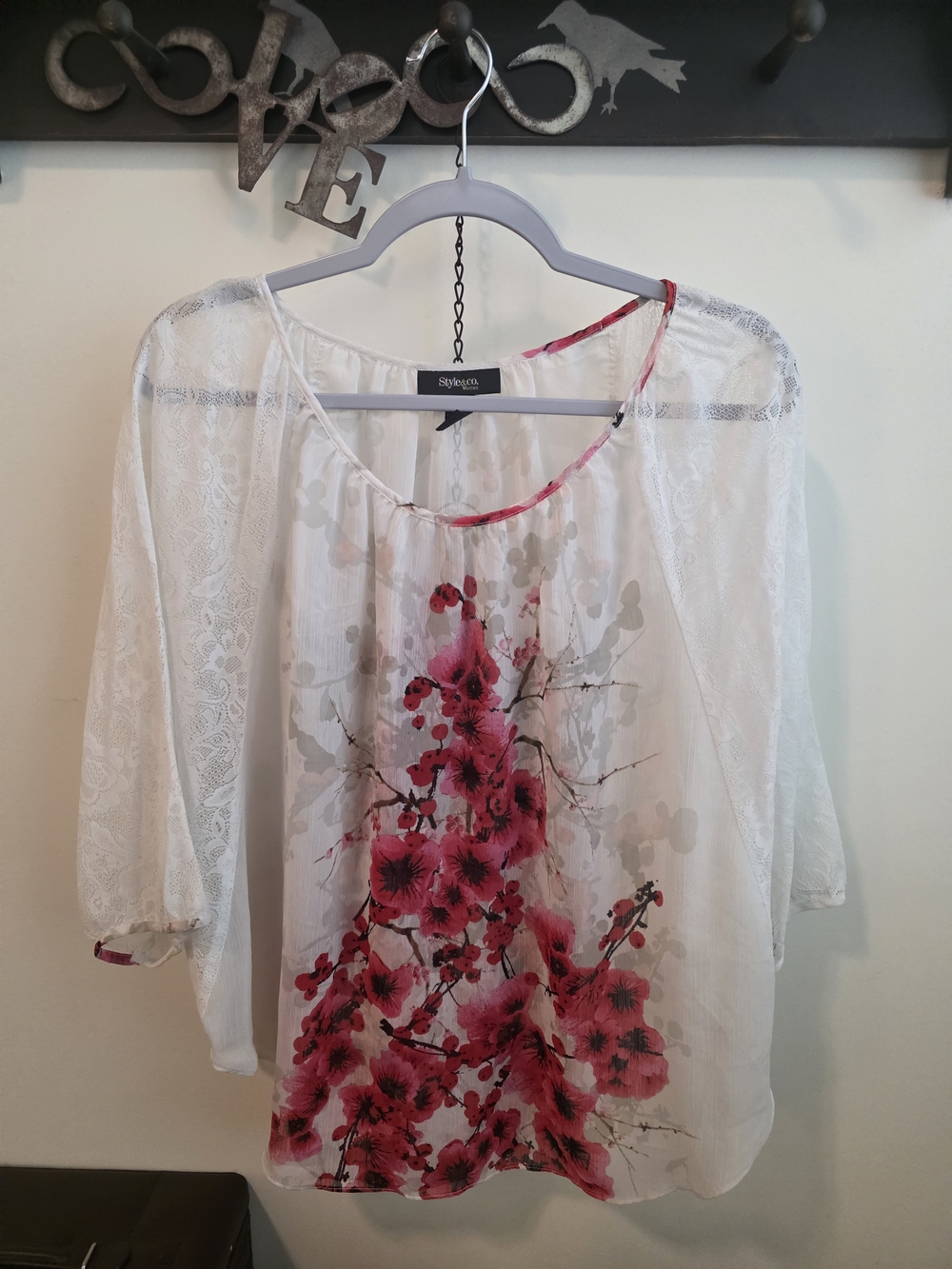 Style & Co. White Sheer Blouse with Pink Floral Print